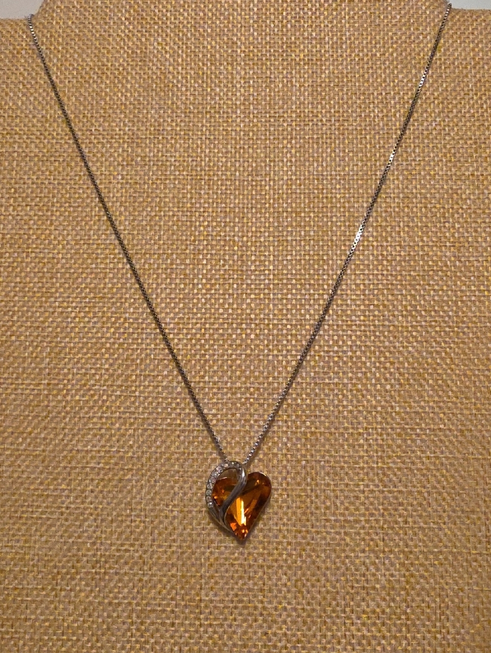 Silver Heart Pendant Necklace with Amber Crystal